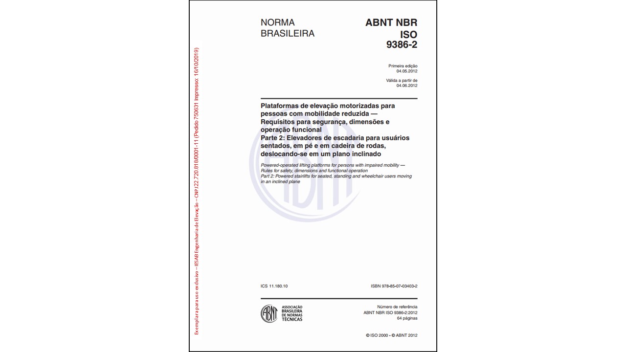 Capa da ABNT NBR ISO 9386-2 licenciada para IESAB Engenharia de Elevação