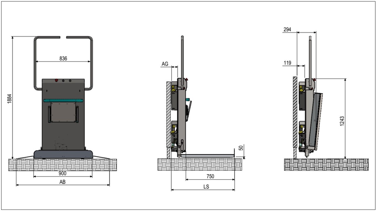 Principais dimensões da plataforma de acessibilidade inclinada aberta e fechada (medidas em cm)